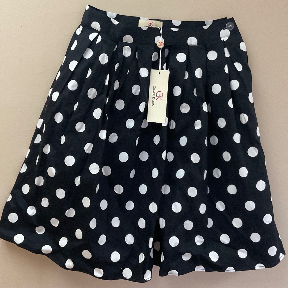Grace Karin Black & White Polka Dot Flare Circle Skirt Size S NWT